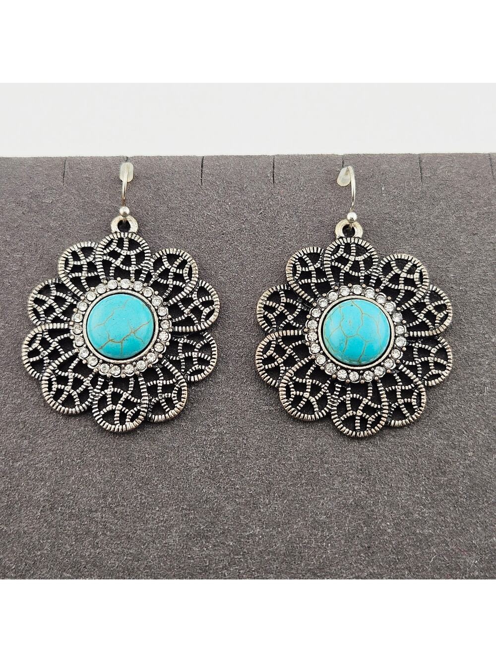 Silver Tone Floral Medallion Earrings Turquoise Color Bohemian Southwestern